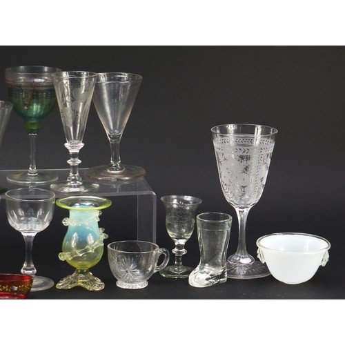 1036 - Antique and later glassware including a vaseline vase, Mary Gregory, cranberry glass and etched exam... 