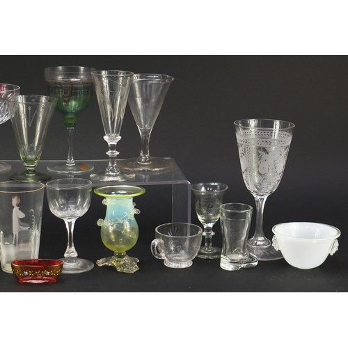 1036 - Antique and later glassware including a vaseline vase, Mary Gregory, cranberry glass and etched exam... 