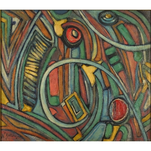 201 - After Nathalie Gontcharova - Abstract composition, oil on canvas, inscribed verso, framed, 58.5cm x ... 