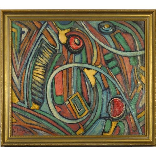 201 - After Nathalie Gontcharova - Abstract composition, oil on canvas, inscribed verso, framed, 58.5cm x ... 