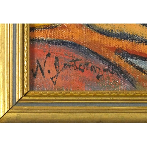 201 - After Nathalie Gontcharova - Abstract composition, oil on canvas, inscribed verso, framed, 58.5cm x ... 