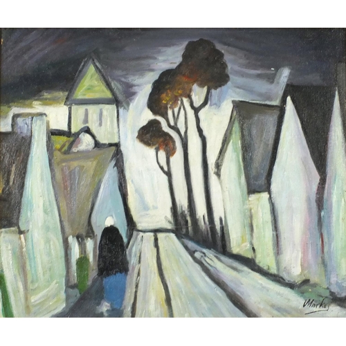 299 - Manner of Markey Robinson - Street scene, Irish school oil on board, framed, 53cm x 44.5cm