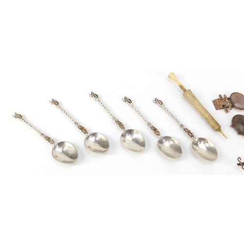 335 - Antique and later objects including brass vesta inset with turquoise, four silver spoons, bone umbre... 