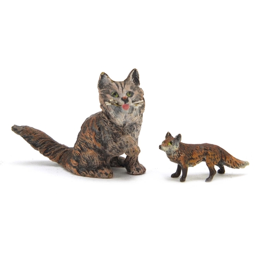 336 - Two cold painted bronze animals comprising a fox and cat, the largest 3.5cm high