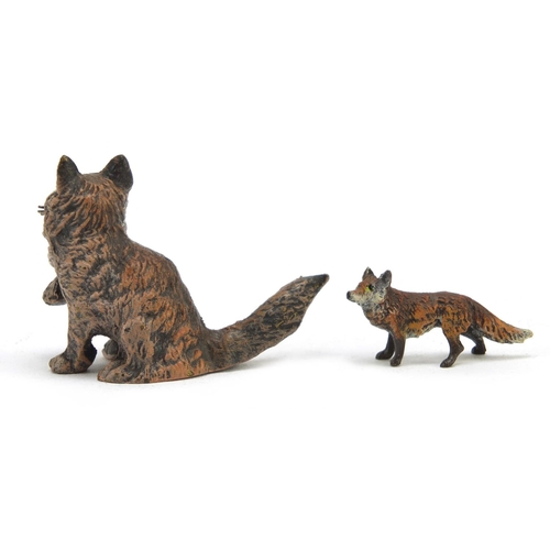 336 - Two cold painted bronze animals comprising a fox and cat, the largest 3.5cm high