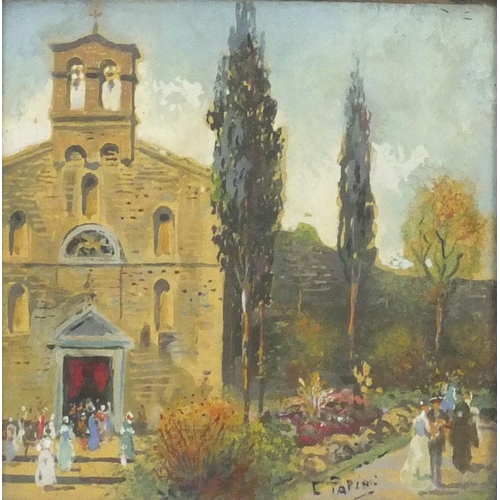 570 - Emilio Papini - Figures outside a church and one other, pair of Maltese school watercolours, each in... 