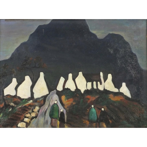 347 - Manner of Markey Robinson - Figures before cottages and mountains, Irish school oil on board, framed... 