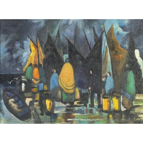 349 - Manner of Markey Robinson - Harbour with figures, Irish school oil on board, framed, 39cm x 29cm