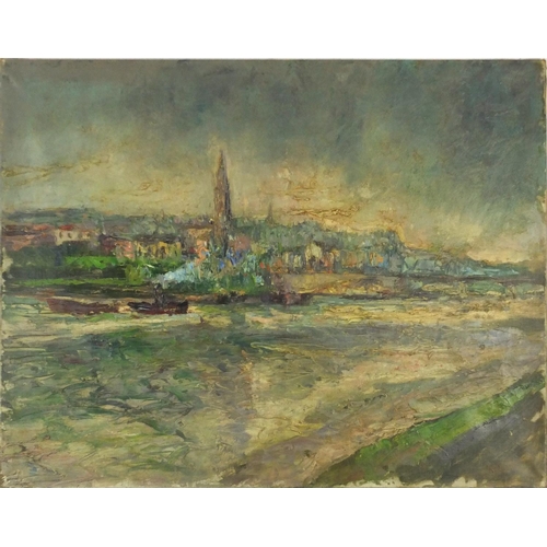 350 - Auguste Apelle - River scene, post impressionist oil on canvas, unframed, 92.5cm x 73cm