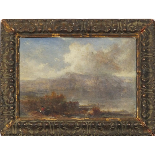 573 - Misty landscape, 19th century oil on board, bearing an inscription W D Kennedy verso, framed, 32cm x... 