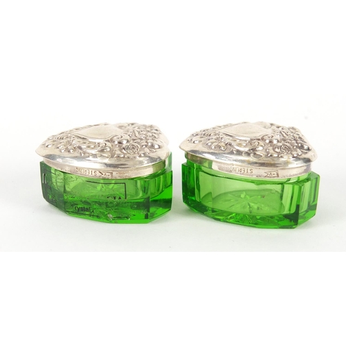 369 - Pair of sterling silver and green glass love heart shaped boxes, each 2cm high