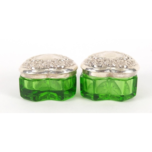 369 - Pair of sterling silver and green glass love heart shaped boxes, each 2cm high