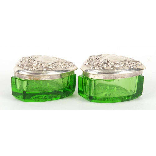 369 - Pair of sterling silver and green glass love heart shaped boxes, each 2cm high