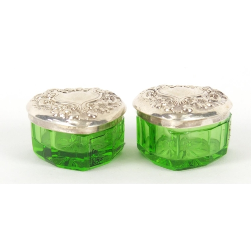 369 - Pair of sterling silver and green glass love heart shaped boxes, each 2cm high