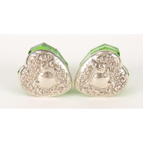 369 - Pair of sterling silver and green glass love heart shaped boxes, each 2cm high