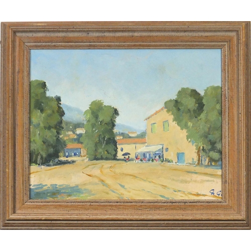 595 - Gordon Gash 1986 - Crete village scene, oil on board, details verso, framed, 23.5cm x 18.5cm