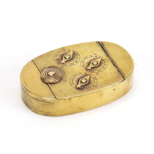 338 - Antique brass combination snuff box with three dials, 8cm wide