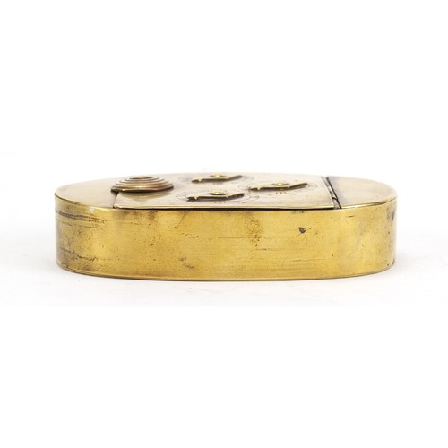 338 - Antique brass combination snuff box with three dials, 8cm wide