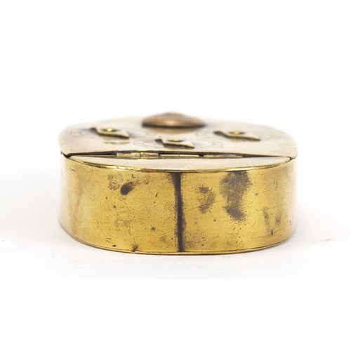 338 - Antique brass combination snuff box with three dials, 8cm wide