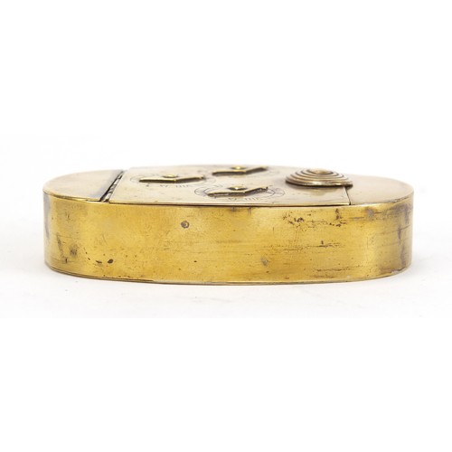 338 - Antique brass combination snuff box with three dials, 8cm wide