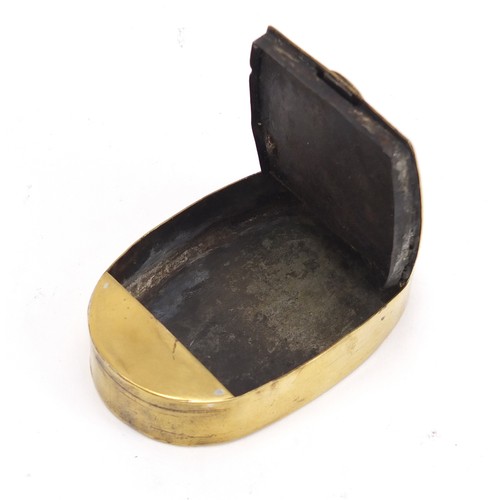 338 - Antique brass combination snuff box with three dials, 8cm wide