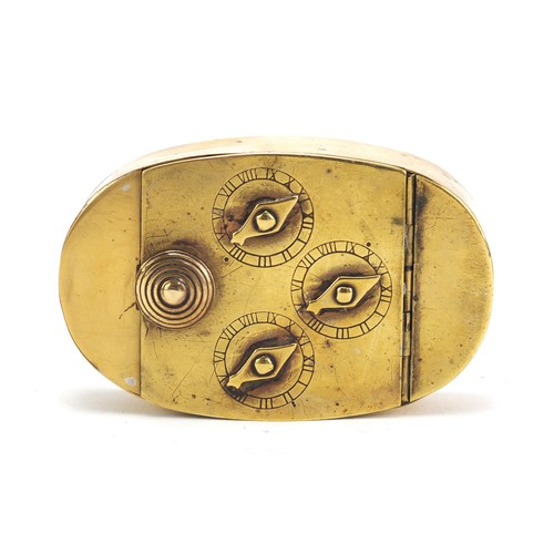 338 - Antique brass combination snuff box with three dials, 8cm wide