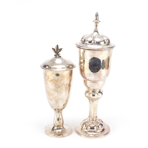 80 - Two silver plated lidded communion chalices, the largest 39.5cm high