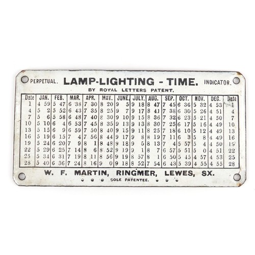 330 - Lamp lighting time perpetual indicator enamel plaque by Royal Letters Patent, 15cm x 7.5cm