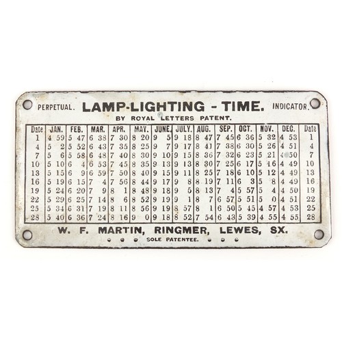 346 - Lamp lighting time perpetual indicator enamel plaque by Royal Letters Patent, 15cm x 7.5cm