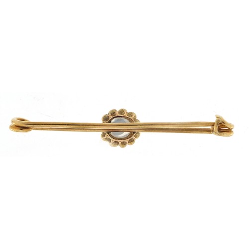 402 - 9ct gold moonstone and pearl bar brooch housed in a Bentley & Co box, 5.5cm wide, 4.2g