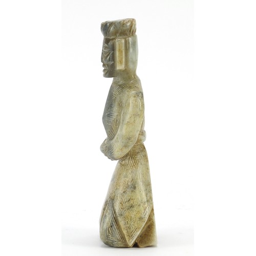 527 - Asian green hardstone carving of an archaic figure kneeling, 19cm high