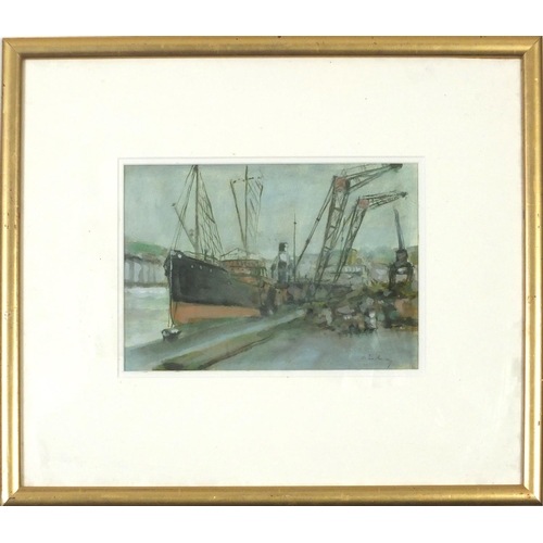 663 - Dock scene, watercolour, mounted, framed and glazed, 25.5cm x 17.5cm