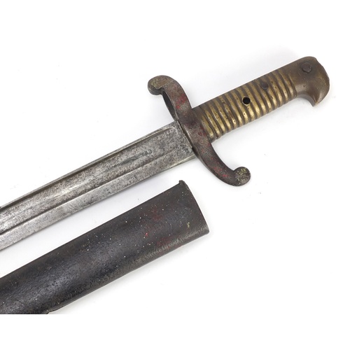 682 - French Military interest Chassepot bayonet with scabbard, impressed marks to the blade, 72cm in leng... 