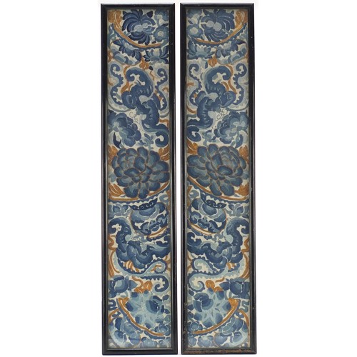 625 - Pair of Chinese silk panels embroidered with dragons amongst flowers, framed and glazed, each 51cm x... 