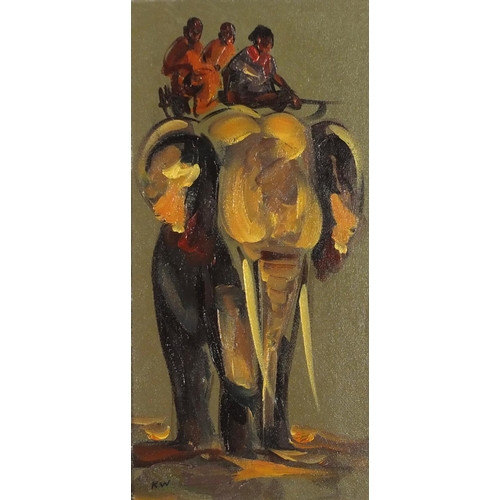 763 - Figures on elephant back, oil on board, framed, 48cm x 23.5cm