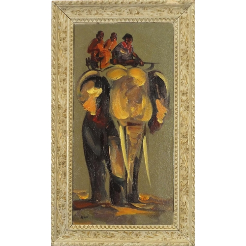 763 - Figures on elephant back, oil on board, framed, 48cm x 23.5cm