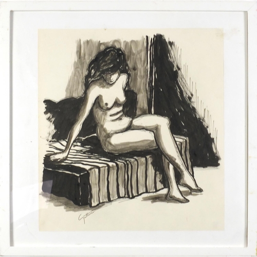 705 - Manner of Guttuso - Nude female in an interior, Italian school ink and watercolour, framed, 42.5cm x... 