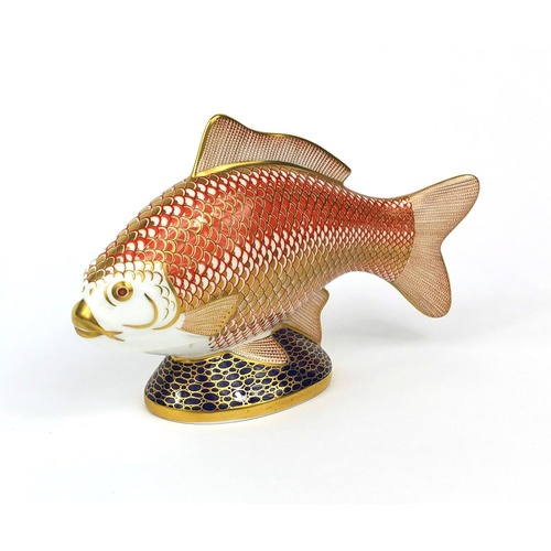 935 - Royal Crown Derby carp paperweight with gold coloured stopper, 11.5cm high