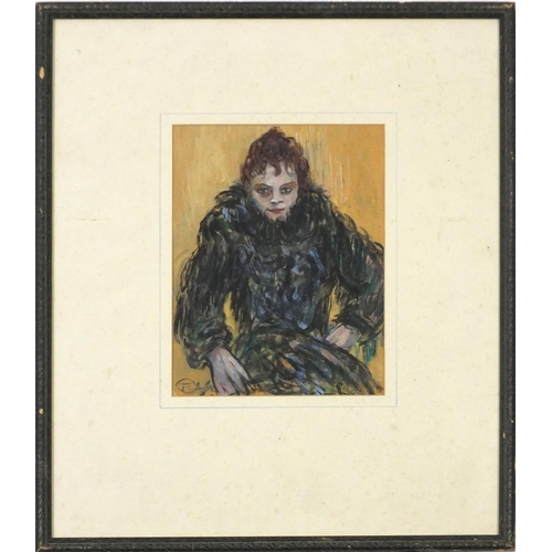 945 - Lady in theatre costume, charcoal and gouache, mounted, framed and glazed, 25cm x 19cm