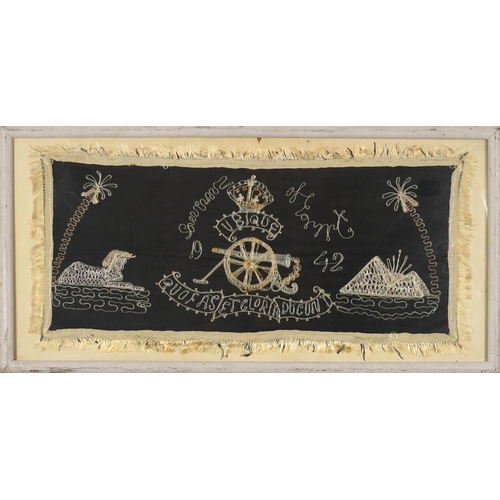 1388 - British Military embroidered panel depicting The Royal Artillery Ubique motif, framed, 66cm x 30cm