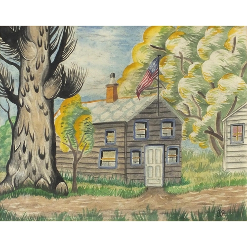 1205 - Trees by a house with American flag, watercolour, framed and glazed, 48cm x 38cm