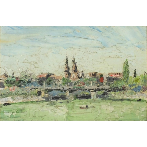1206 - Town scene with bridge over water, Impressionist impasto, oil on board, mounted and framed, 44.5cm x... 