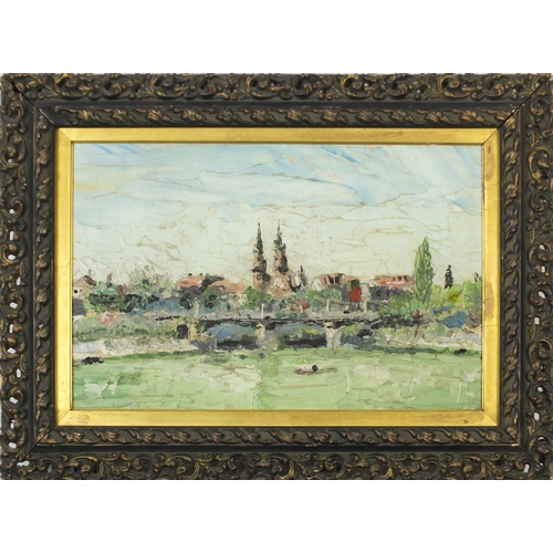 1206 - Town scene with bridge over water, Impressionist impasto, oil on board, mounted and framed, 44.5cm x... 