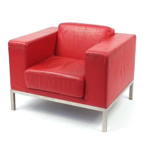 1623 - 1970's design armchair with red leather upholstery, 64cm H x 88cm W x 75.5cm D