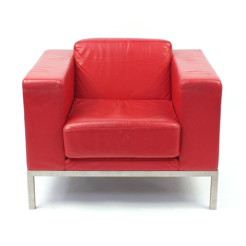 1623 - 1970's design armchair with red leather upholstery, 64cm H x 88cm W x 75.5cm D