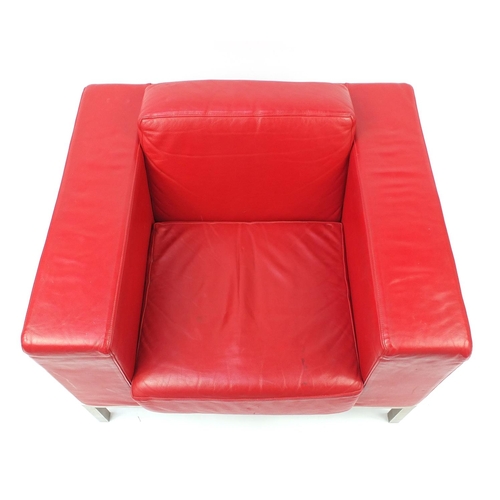 1623 - 1970's design armchair with red leather upholstery, 64cm H x 88cm W x 75.5cm D