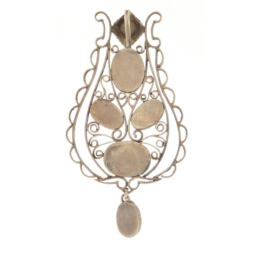 1345 - Unmarked silver moonstone and rose quartz pendant, 6.5cm in length, 10.6g