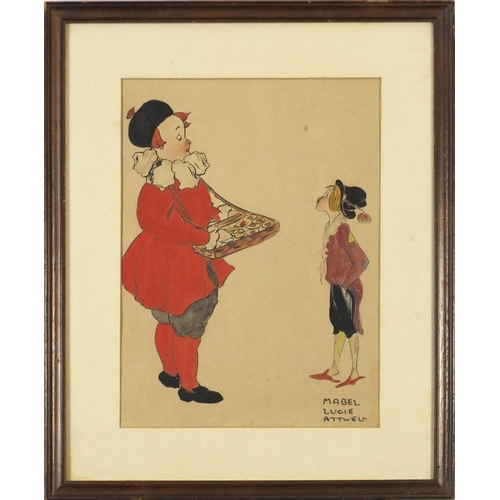 1418 - After Mabel Lucie Attwell - Simple Simon met a pie man, watercolour, inscribed verso, mounted, frame... 