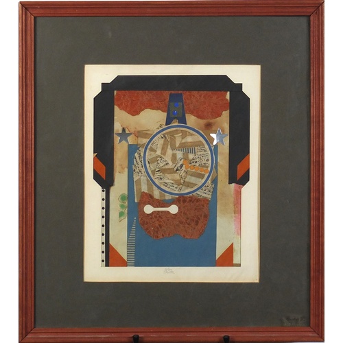 1421 - Abstract composition, mixed media and collage, inscribed verso, mounted framed and glazed, 31cm x 25... 