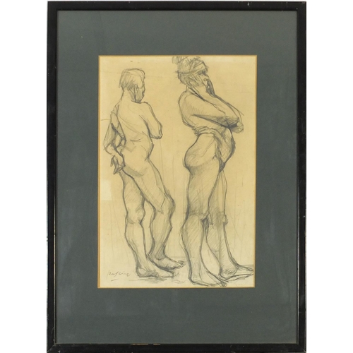 1422 - Figural study of two males, pencil on paper, bearing an indistinct signature, mounted and framed, 44... 